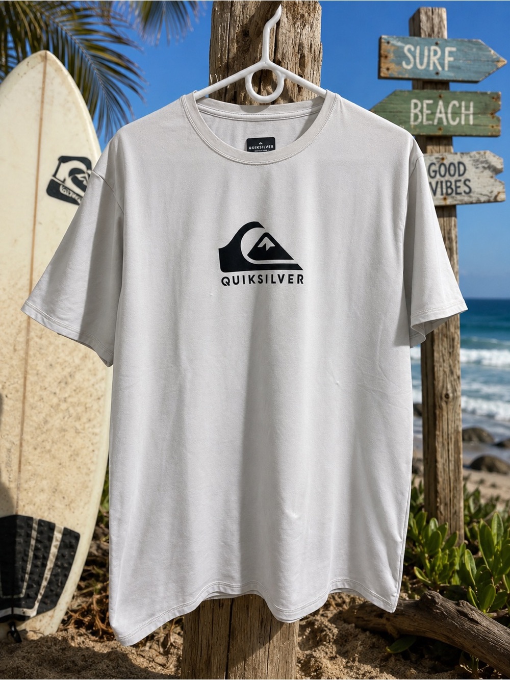 Quiksilver White Short-Sleeve Logo Tee with Black Emblem